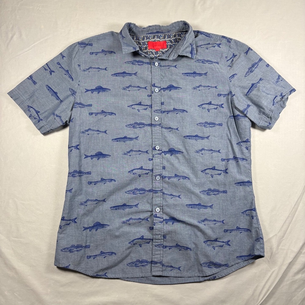 Project RED Shirt Mens XL Blue Fish Print Chambray Button Up Fishing Outdoors